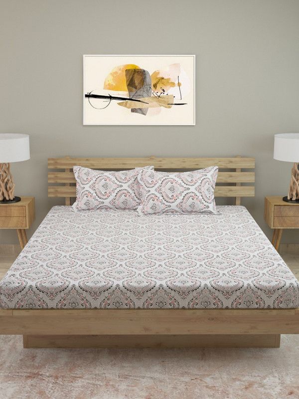 ROMEE 180 TC Cotton King Motifs Flat Bedsheet  (Pack of 1, Grey and Pink)