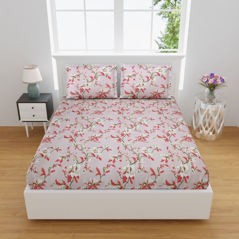 SUUMAYA 244 TC Cotton Double Printed Flat Bedsheet  (Pack of 1, Pink)