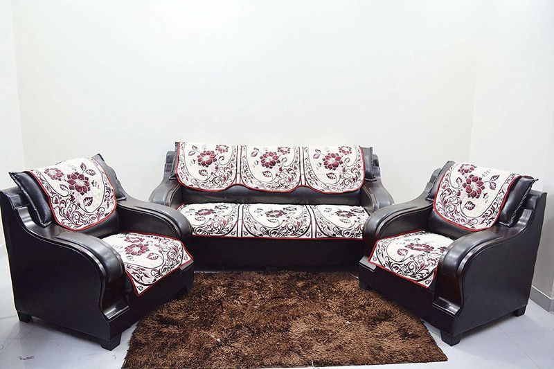 KINGLY Chenille Floral Sofa Cover  (Maroon, White Pack of 6)