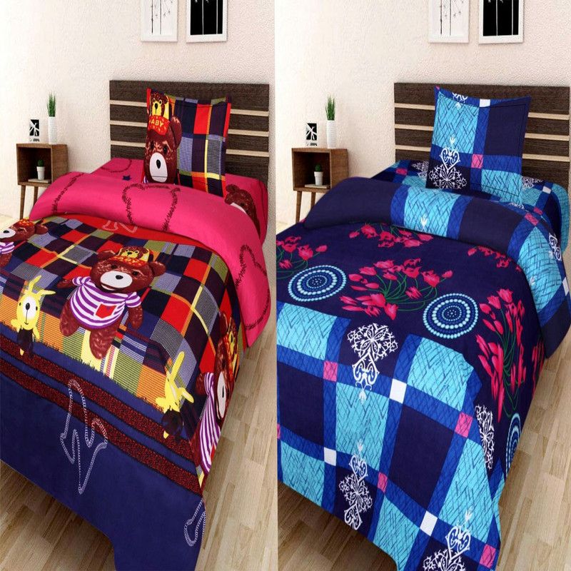 Bedi Handloom 180 TC Polycotton Single Cartoon Flat Bedsheet  (Pack of 2, Multicolor)