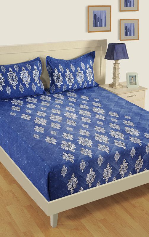 SWAYAM 250 TC Satin Double Motifs Flat Bedsheet  (Pack of 1, Blue)