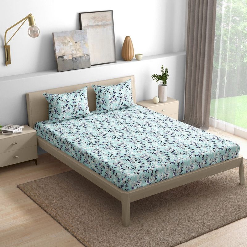 Wakefit 144 TC Cotton Queen Printed Fitted (Elastic) Bedsheet  (Pack of 1, Cicely)