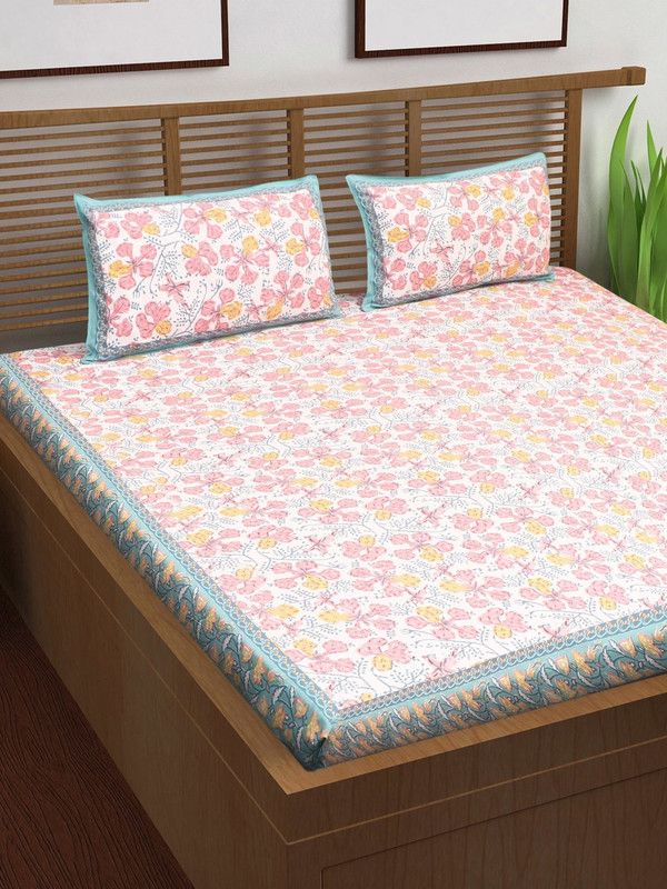 VarEesha 210 TC Cotton Double Floral Flat Bedsheet  (Pack of 1, Pink, White)