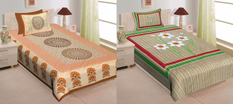 Ubania Collection 140 TC Cotton Single Printed Flat Bedsheet  (Pack of 2, Mutlicolor)