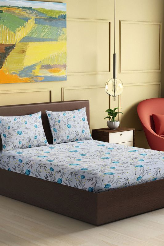 ABHIKRAM 160 TC Cotton Single Floral Flat Bedsheet  (Pack of 1, Blue, White)