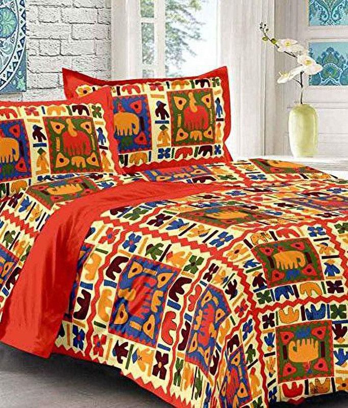 Sakshi textiles 120 TC Cotton Queen Printed Flat Bedsheet  (Pack of 1, Orange, Multicolor)
