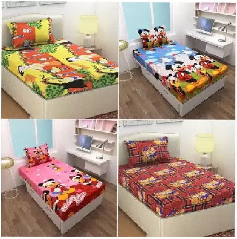 NIHAL VILLAS 140 TC Polycotton Single Cartoon Flat Bedsheet  (Pack of 4, Multicolor)