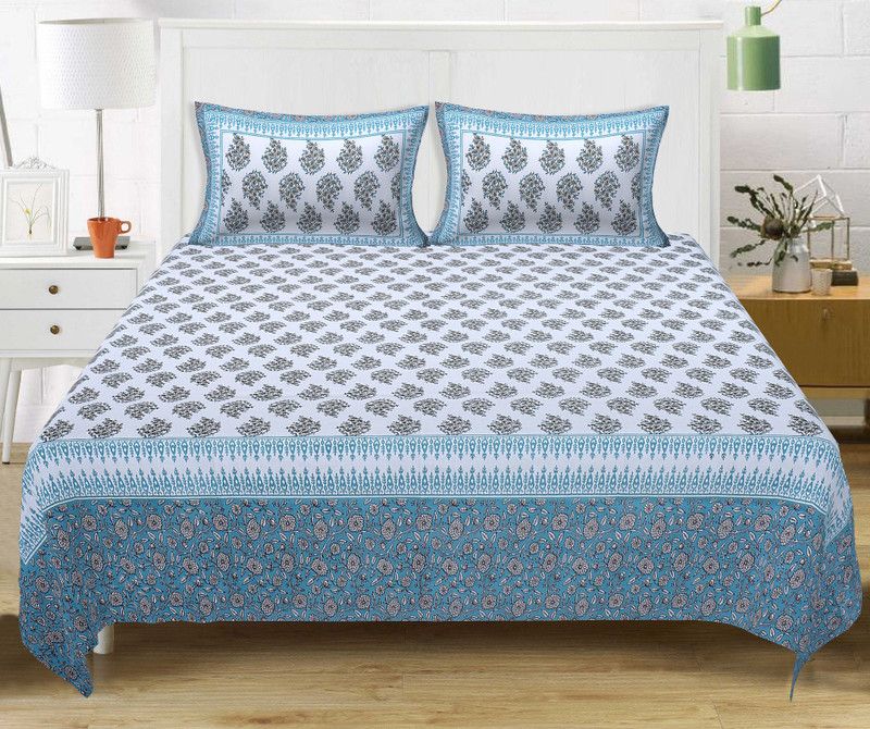 Go Texstylers 220 TC Cotton King Floral Flat Bedsheet  (Pack of 1, Firozi)