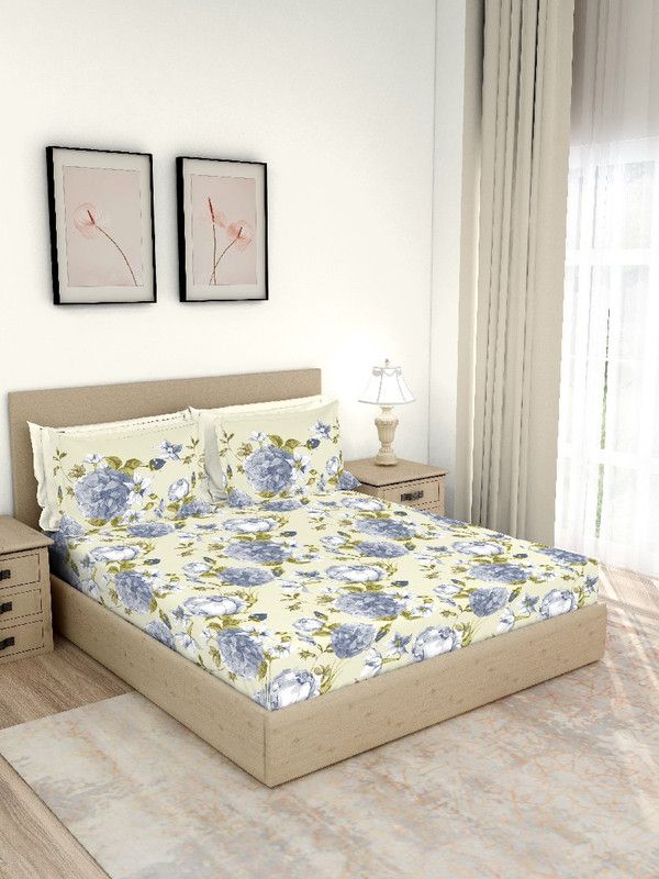 Layers 104 TC Cotton Queen Floral Flat Bedsheet  (Pack of 1, Grey, Blue)