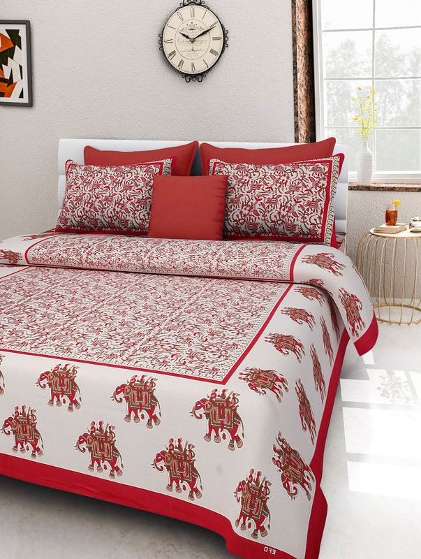 Vp unique textiles 160 TC Cotton Queen Floral Flat Bedsheet  (Pack of 1, Red)
