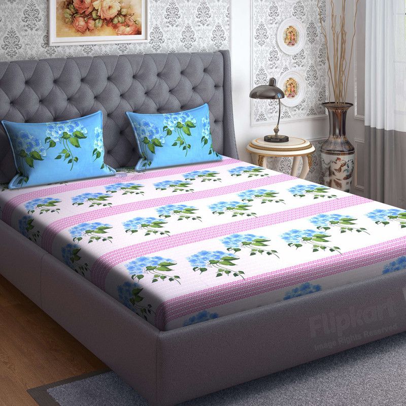 Bombay Dyeing 144 TC Cotton Double Floral Flat Bedsheet  (Pack of 1, Blue)