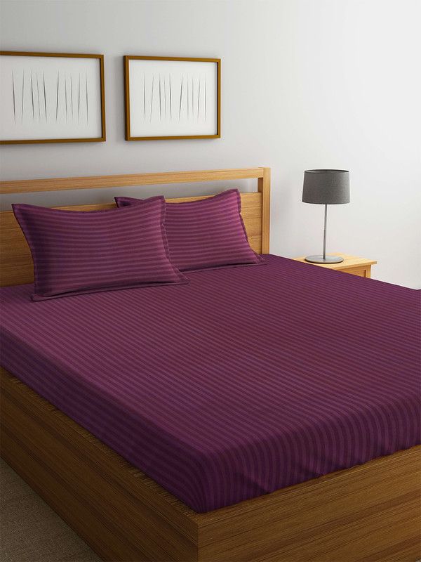 Mark Home 300 TC Cotton Queen Striped Flat Bedsheet  (Pack of 1, Purple)