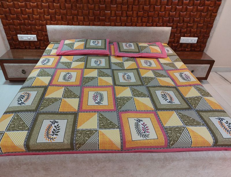 Kabir designs 150 TC Cotton Double Jaipuri Prints Flat Bedsheet  (Pack of 1, Oange)