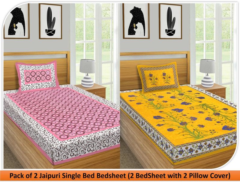 180 TC Cotton Single Bedsheet  (Pack of 2, Pink, Yellow)