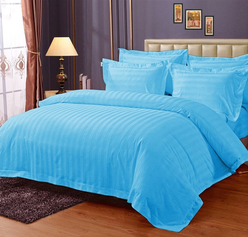 enchant home 210 TC Cotton, Satin King Striped Flat Bedsheet  (Pack of 1, Sky Blue)