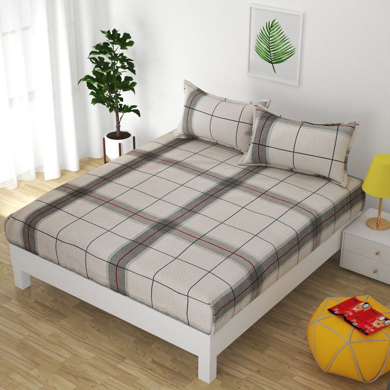 Damac 200 TC Cotton King Checkered Fitted (Elastic) Bedsheet  (Pack of 1, Multicolor)