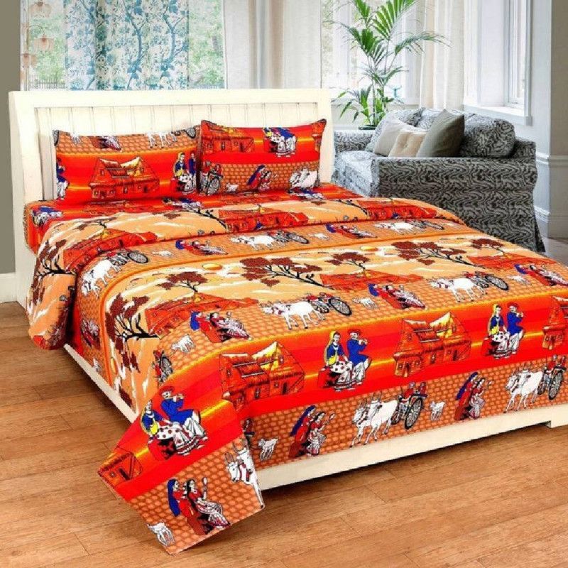 EKANSH FAB 160 TC Microfiber Double Geometric Flat Bedsheet  (Pack of 1, Red)