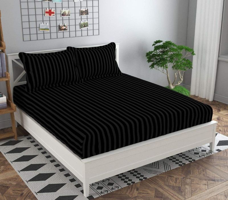 precise fabrics 200 TC Microfiber Double Striped Fitted (Elastic) Bedsheet  (Pack of 1, Black)