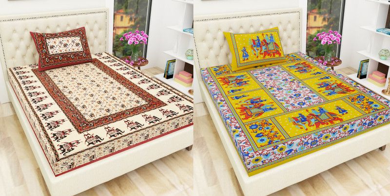Indram 144 TC Cotton Single Printed Flat Bedsheet  (Pack of 2, Maroon, Yellow)