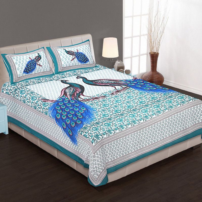 Rawal Fashions 144 TC Cotton Double Jaipuri Prints Flat Bedsheet  (Pack of 1, Green)
