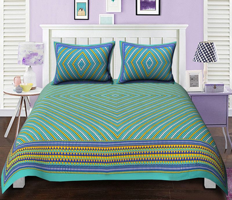 Ubania Collection 144 TC Cotton Double Jaipuri Prints Flat Bedsheet  (Pack of 1, Sky Blue)