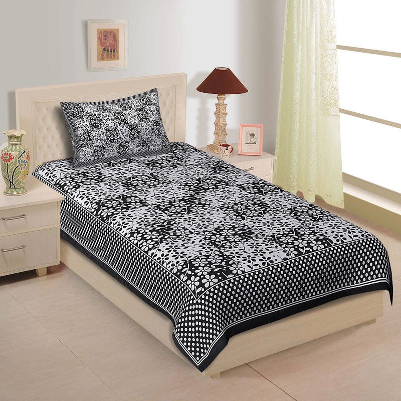 JaypurTextile 150 TC Cotton Single Floral Flat Bedsheet  (Pack of 1, Black)
