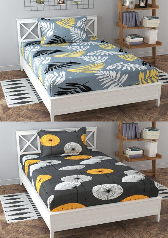 Apala 120 TC Polycotton Single Printed Flat Bedsheet  (Pack of 2, Grey, White)