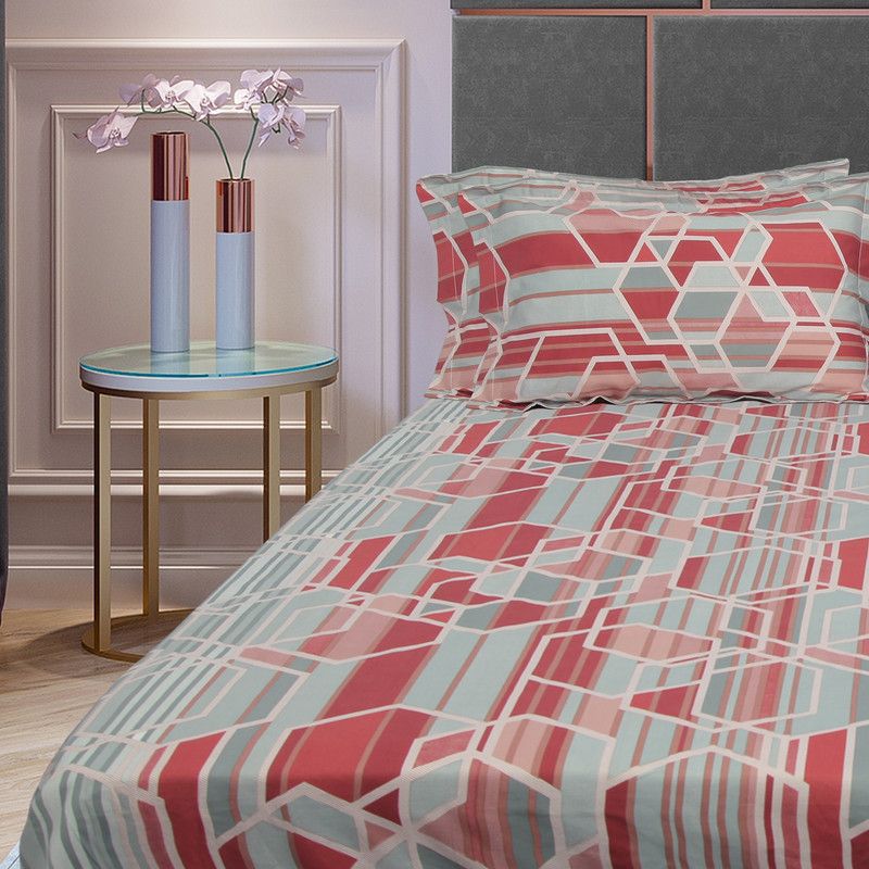 F1RST STITCH 300 TC Cotton King Geometric Flat Bedsheet  (Pack of 1, Red & Metal Grey)