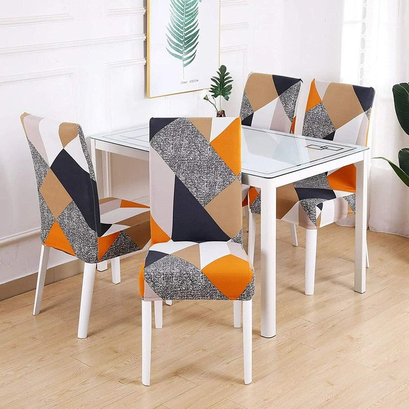 Alkaylaa Polyester Abstract Chair Cover  (Orange Pack of 4)