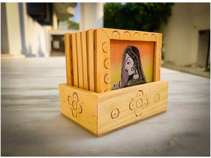 Rimesh Arts and Crafts Square Wood Coaster Set  (Pack of 6)