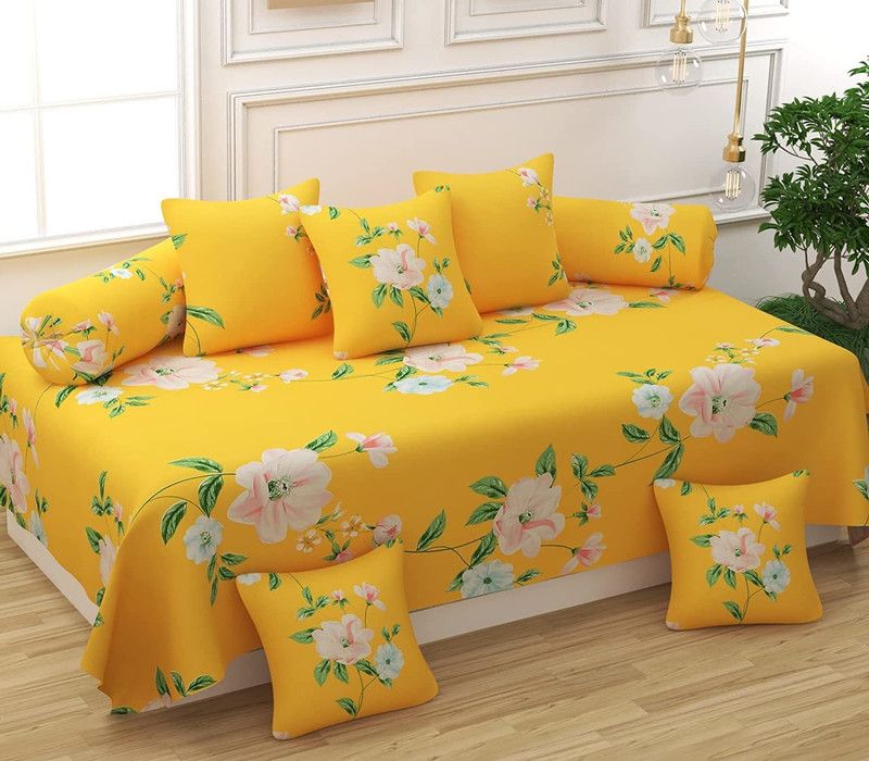 NTN World Polycotton Floral Diwan Set  (Yellow)