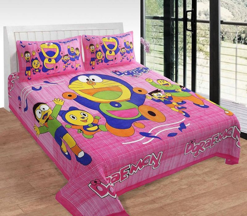 Skytex 150 TC Cotton Queen Cartoon Flat Bedsheet  (Pack of 3, Pink)