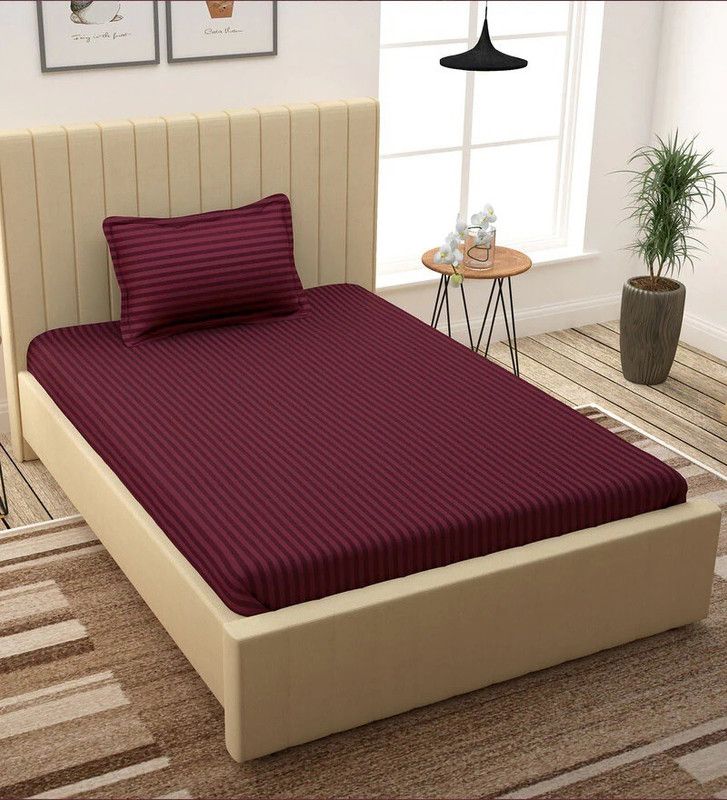 PINKFILA 220 TC Satin Single Striped Flat Bedsheet  (Pack of 1, Maroon)