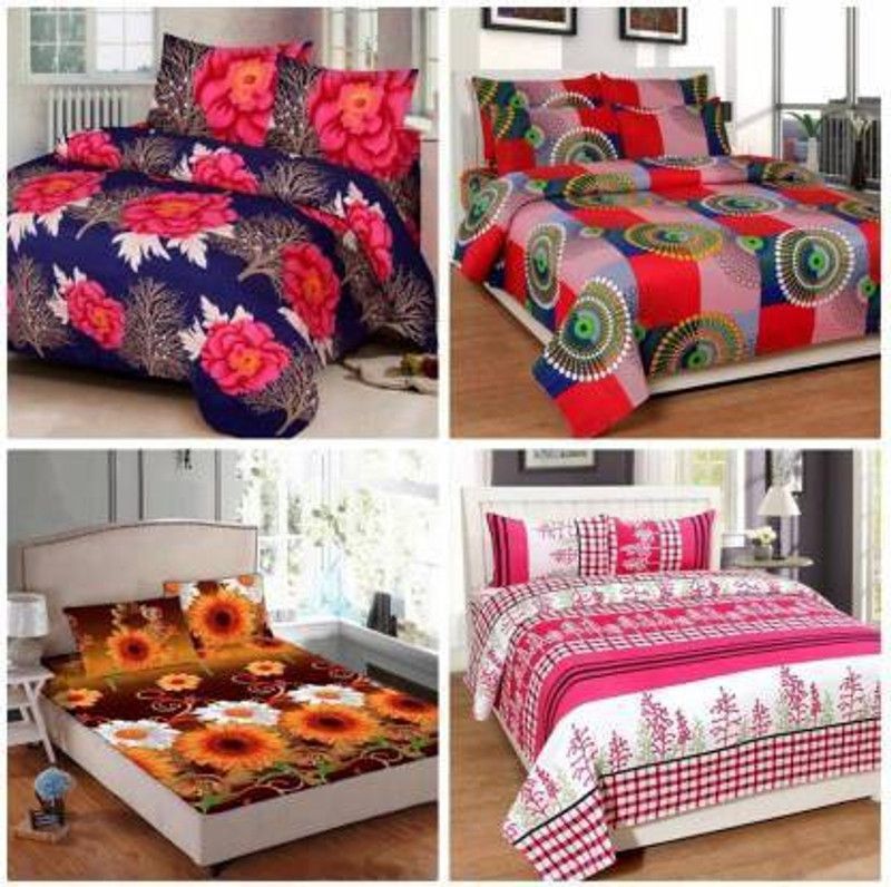 Twinkle Star's 120 TC Cotton Double 3D Printed Flat Bedsheet  (Pack of 4, Multicolor)