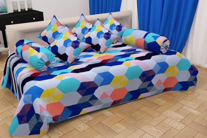 JSR Polycotton Geometric Diwan Set  (Multicolor)