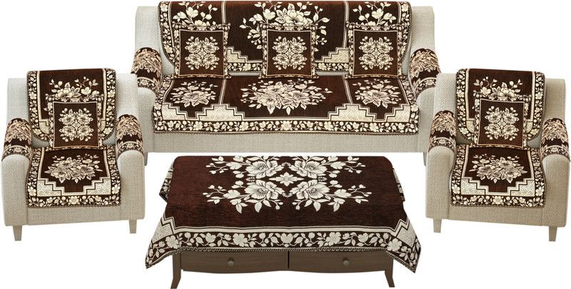 THE IDEAL PIECE Chenille Embroidered Sofa Cover  (Brown Pack of 18)