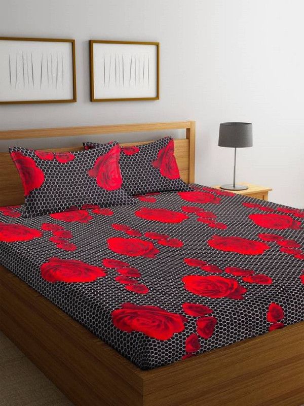 SHAPHIO 120 TC Cotton Double Printed Flat Bedsheet  (Pack of 1, Black, Red)