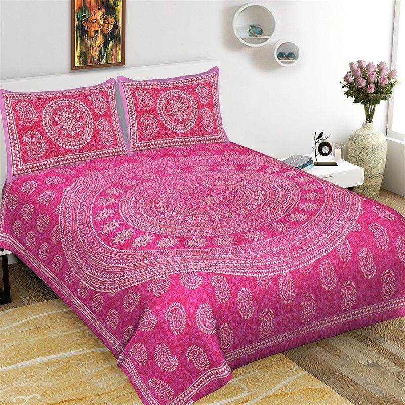 Lushfab 200 TC Cotton Queen Jaipuri Prints Flat Bedsheet  (Pack of 1, Pink)