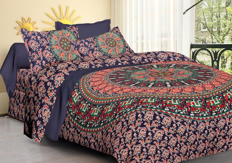 SILOUT TEX PRINTS 451 TC Cotton King Jaipuri Prints Flat Bedsheet  (Pack of 1, Multicolor)