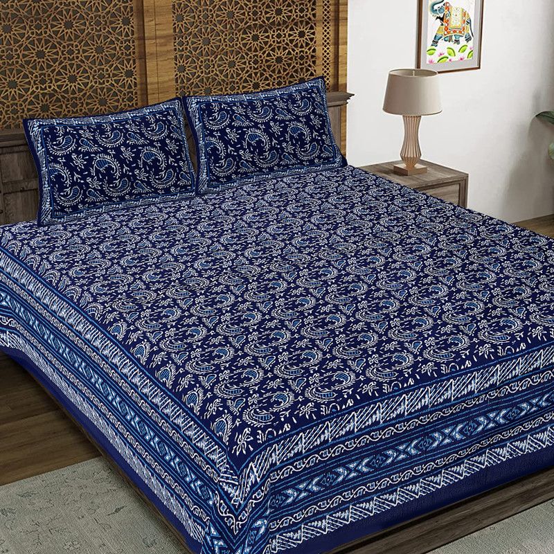 JAIPUR PRINTS 144 TC Cotton King Jaipuri Prints Flat Bedsheet  (Pack of 1, Blue)