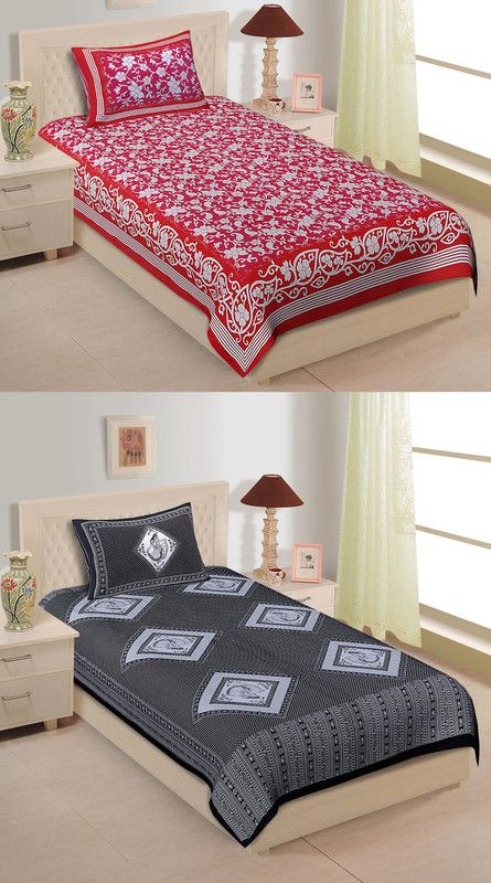 Indram 144 TC Cotton Single Printed Flat Bedsheet  (Pack of 2, Pink, Black)