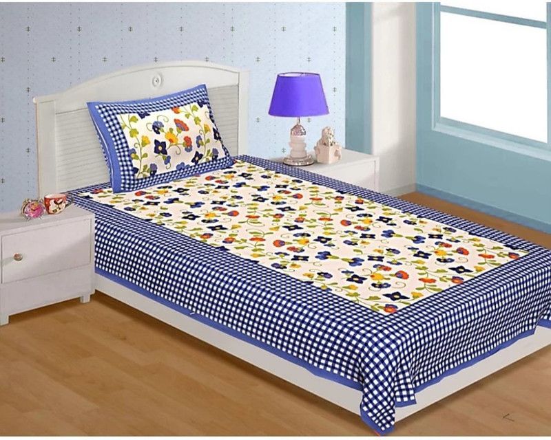 Rawal Fashions 144 TC Cotton Single Floral Flat Bedsheet  (Pack of 1, Blue, White)