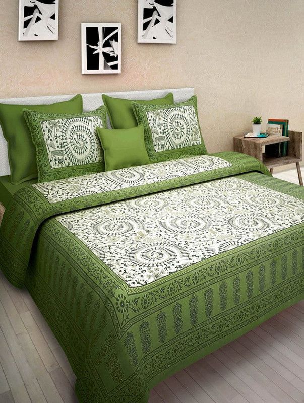 yashika agancy 140 TC Cotton Double Jaipuri Prints Flat Bedsheet  (Pack of 1, Green)
