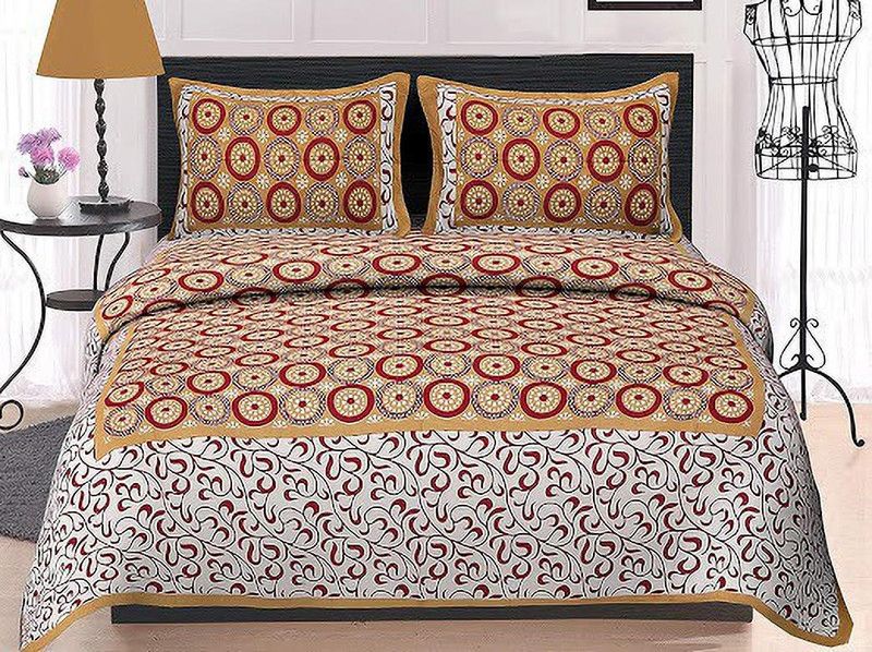 Art World 300 TC Cotton Queen Printed Flat Bedsheet  (Pack of 1, Brown)