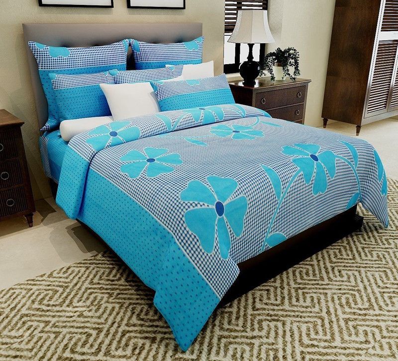 LatestHomeStore 144 TC Cotton Double Floral Flat Bedsheet  (Pack of 1, Blue)
