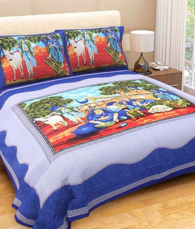 ATOLIA 144 TC Cotton Double Printed Flat Bedsheet  (Pack of 1, Multicolor, Blue)