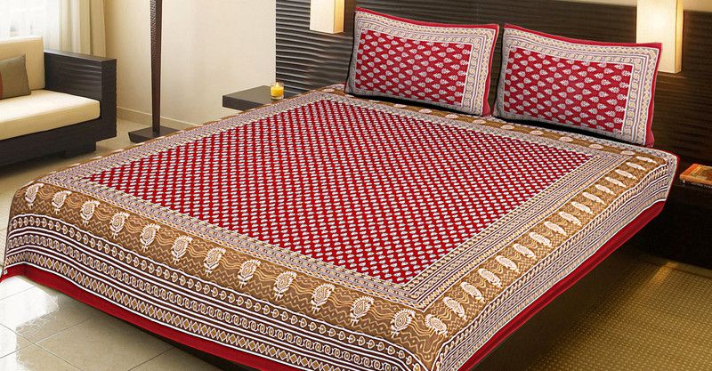 Vashishtha 200 TC Cotton Double Printed Fitted & Flat Bedsheet  (Pack of 1, Red)