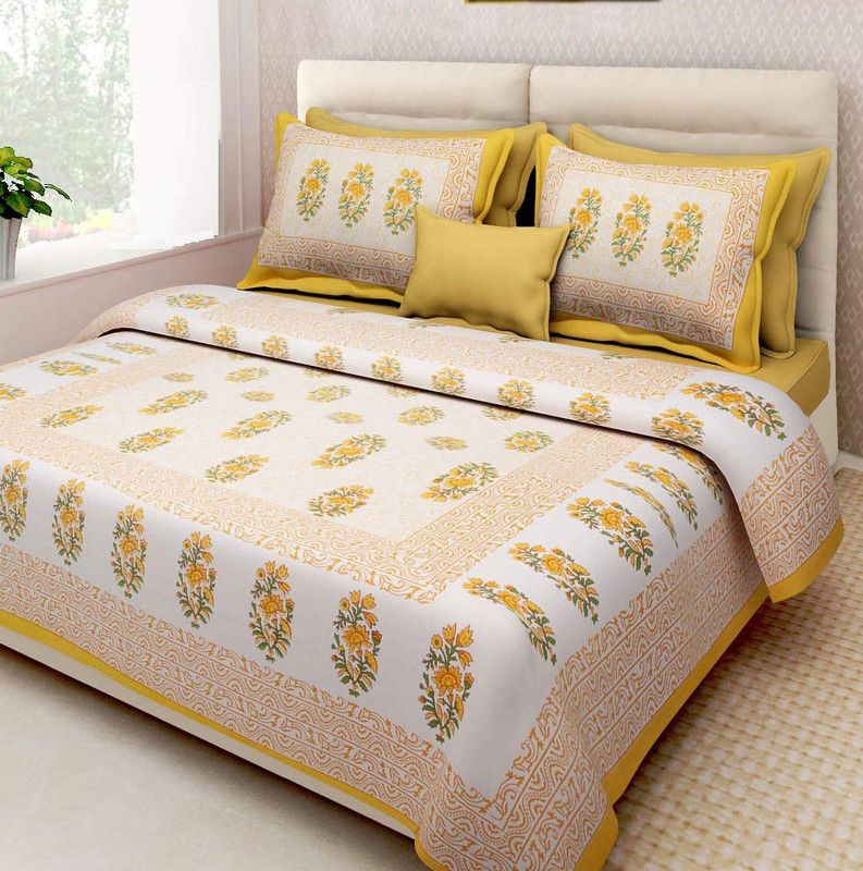 Unique Fashion 181 TC Cotton Double Floral Flat Bedsheet  (Pack of 1, yellow , white)