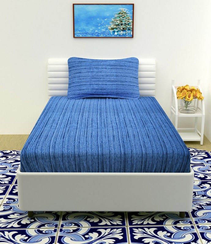 FLOURISHING HOMES 220 TC Microfiber Single Striped Flat Bedsheet  (Pack of 1, Blue)