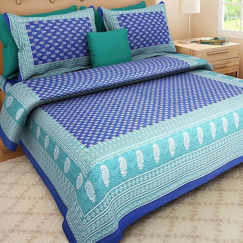 Plethora 151 TC Cotton Double Floral Flat Bedsheet  (Pack of 1, Blue)